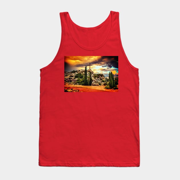 Cross On A Hill With Sunset Tank Top by ChristianShirtsStudios